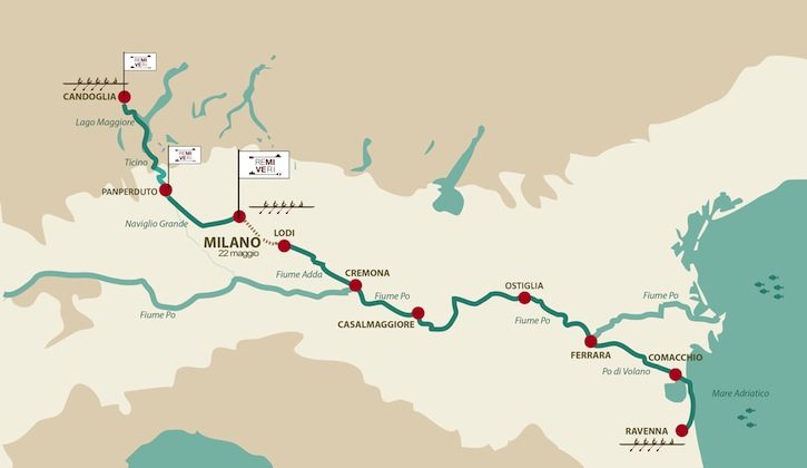 La via del marmo inizia a Candoglia e finisce a Milano lungo il Naviglio Grande. La via dei Longobardi inizia a Lodi e termina a Ravenna lungo l'Adda e il Po.